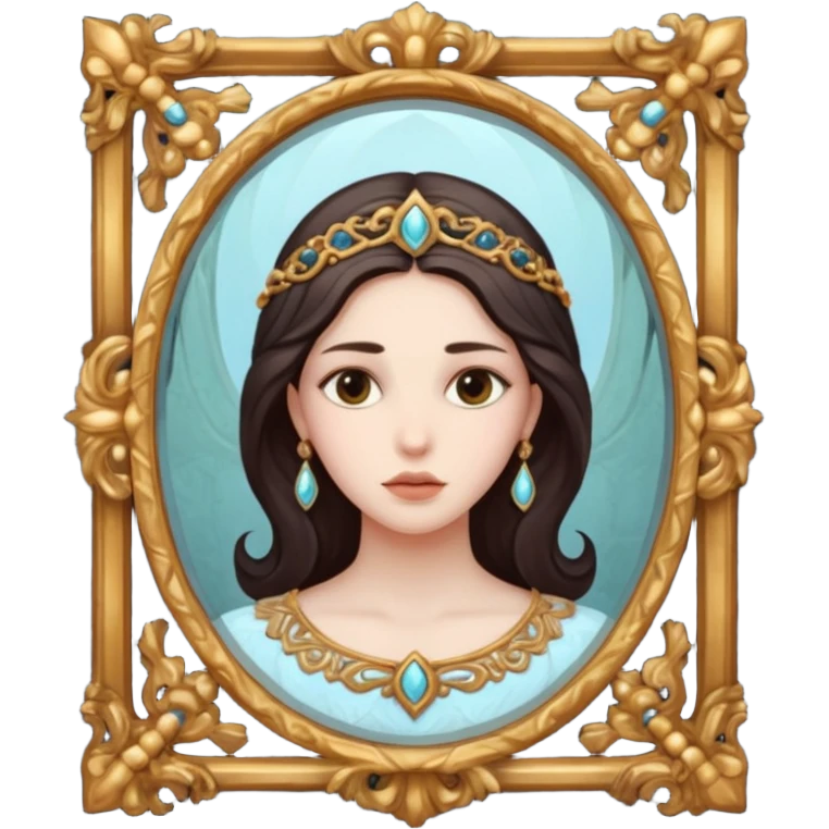 Woman facing ancient mirror, reflection slightly delayed and darker emoji