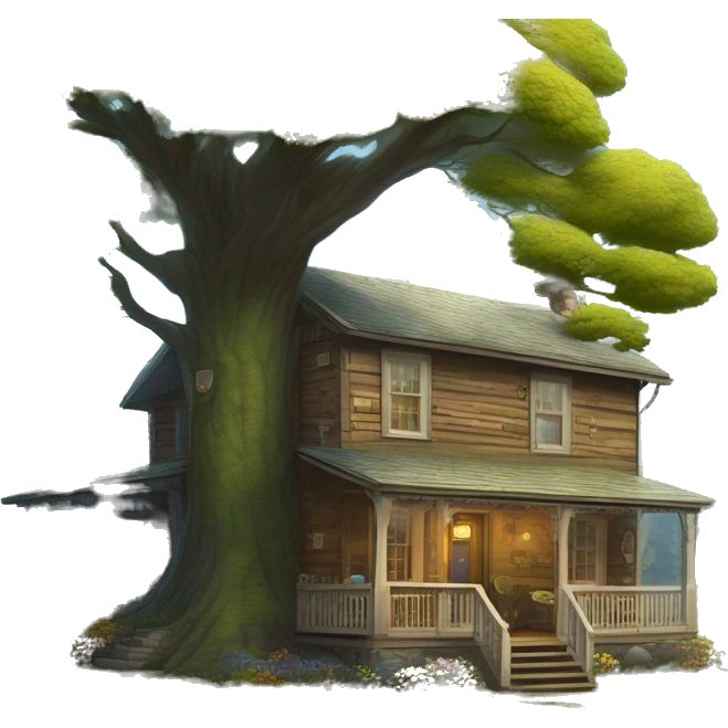  very very big Cabin near a big tree.  Thick moss growing on the roofs. The cabin thick grass fields. porch lights turned off. bright white interior lights turned on. guests sitting in chairs on the porch, flowers and bushes yellow and blue, near Scooby  emoji