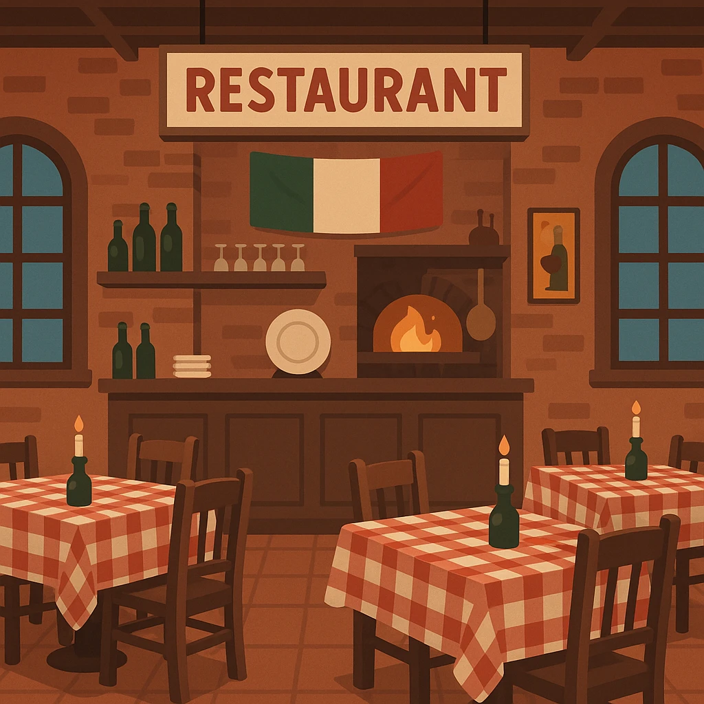 flat toon style Italian restaurant with checkered tablecloths visible emoji