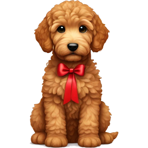 Ginger golden doodle. Baby. Full body sitting down. Red ribbon  emoji