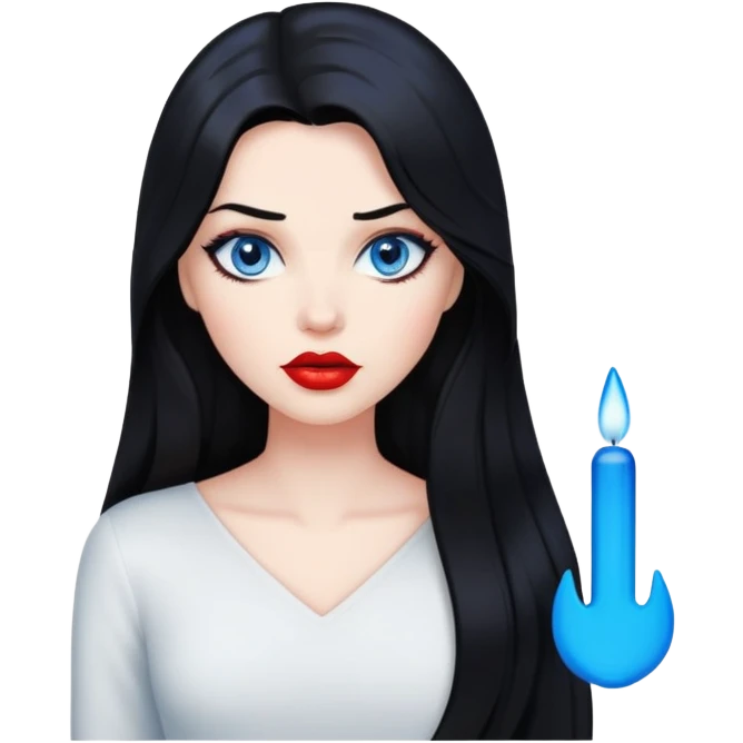character with long jet black hair, blue eyes, and red lips emoji