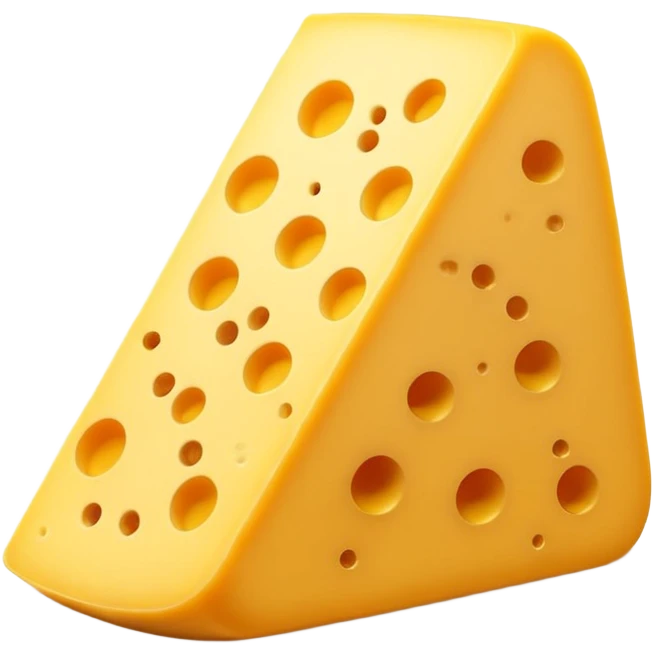 A 3D cartoon wedge of yellow cheese with round holes, bright tone, soft shadow, Memoji-style. emoji