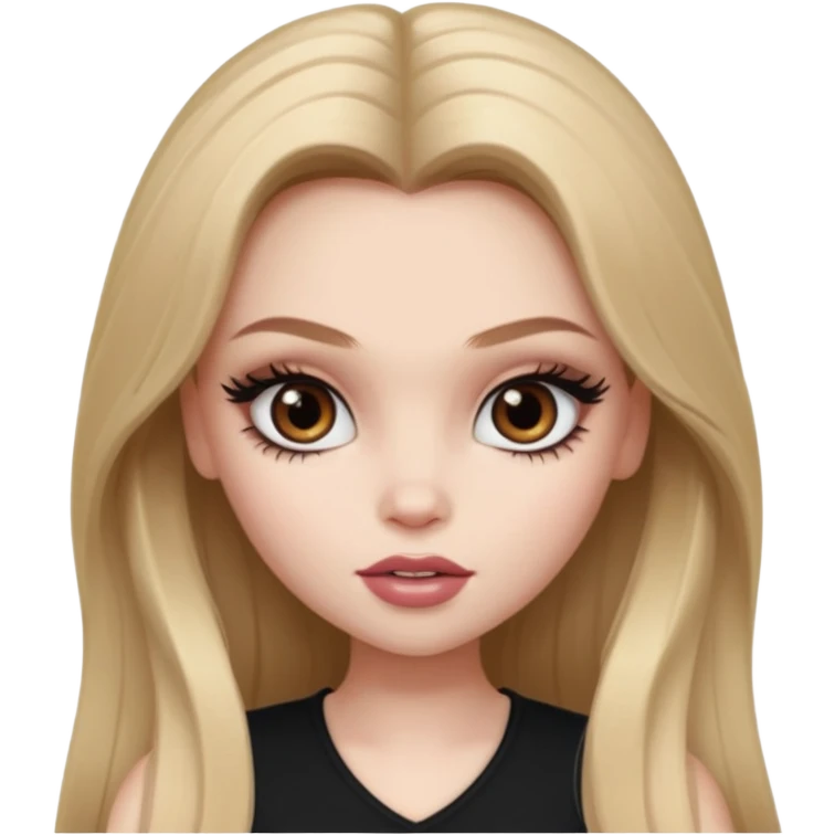 pretty bratz baddie, pale skin, long darkblond hair, pretty makeup, long lashes, pretty brown eyes emoji