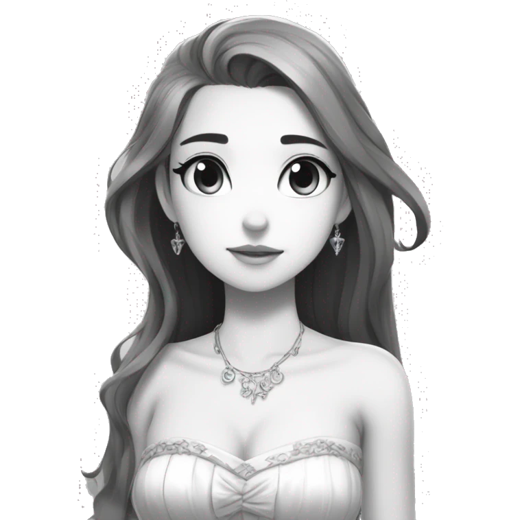 prinvk, 1girl, solo, dress, long hair, bare shoulders, princess, monochrome, 2d, anime  emoji
