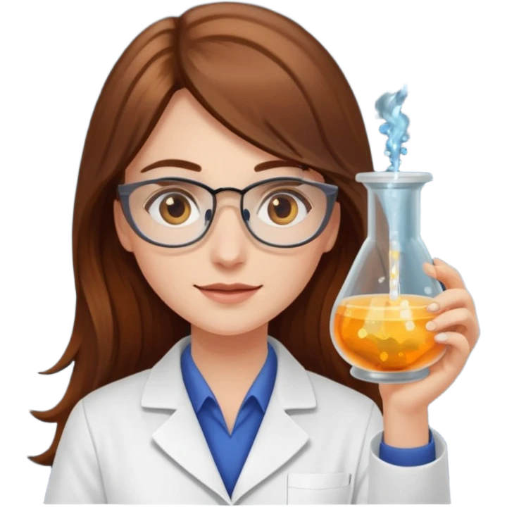Crie emojis de uma mulher de cabelos longos castanhos farmacêutica mexendo com becker e com faiscas emoji