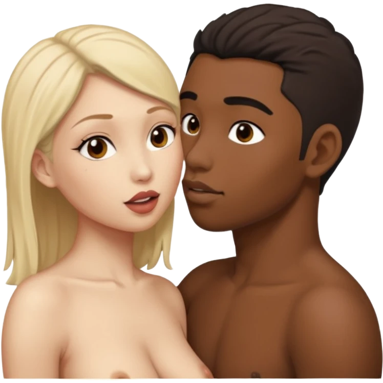Nude light-skinned female giving fellatio to darker-skinned asian male emoji