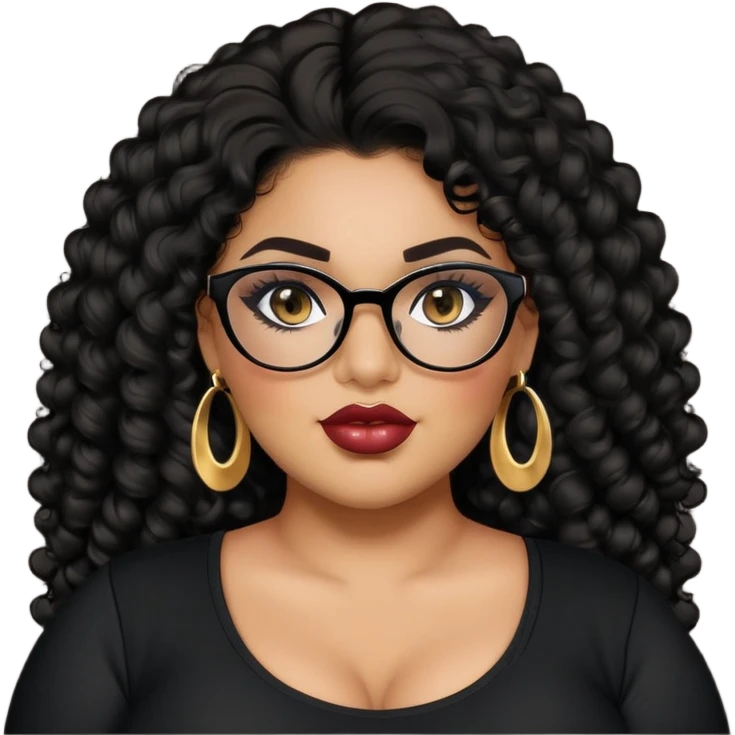big plus size, latina, darker tan skin, long black curly hair, baddie,pretty, makeup, lipgloss, black eyeliner, long hair, SMALL gold earrings, black top, black glasses emoji