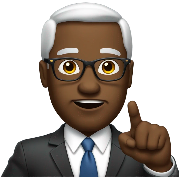 Muscular Black politician busting out his suit with glasses giving oration with right index finger in the air and a stern countenance. emoji