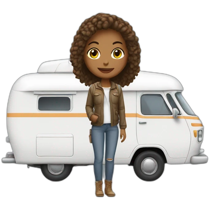 Travel Girl in front of a white Campingcar  emoji