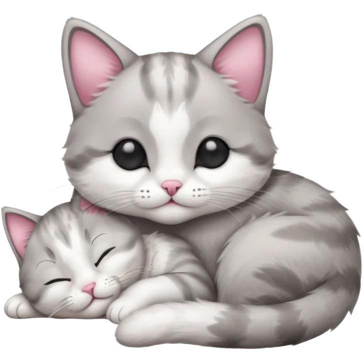 1 grey and white small cat with its eyes closed lying down leaning on its elbow with its paw curled under his head holding it up emoji
