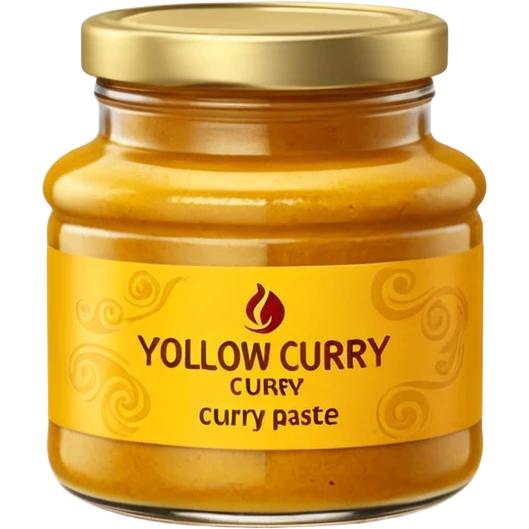 short glass jar with yellow curry paste, deep golden-yellow, thick and grainy, hints of red or brown, simple lid, blank label optional, swirled or uneven surface, 3D-rendered, minimal, no faces, transparent background emoji
