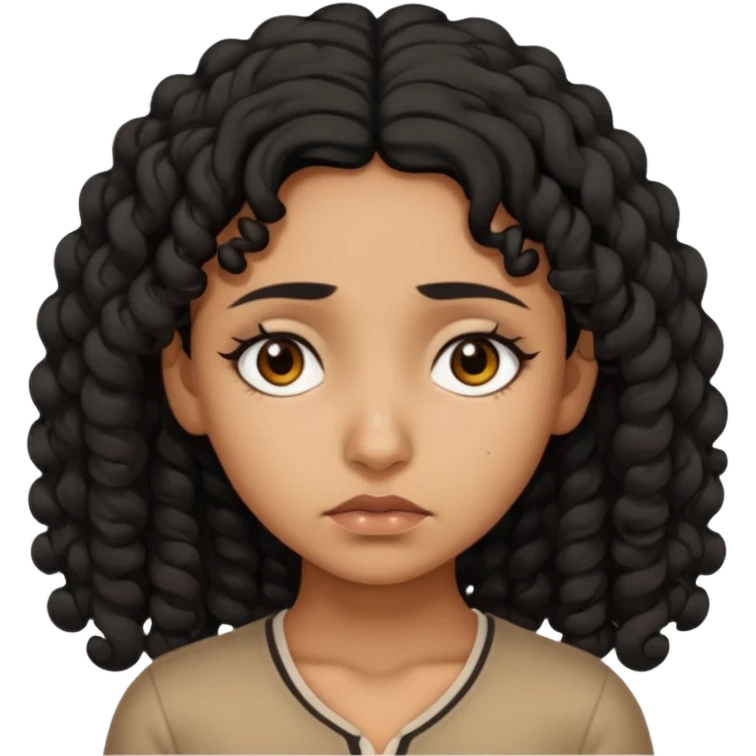 a tan pretty bratz indian girl with curly black hair, looking sad emoji
