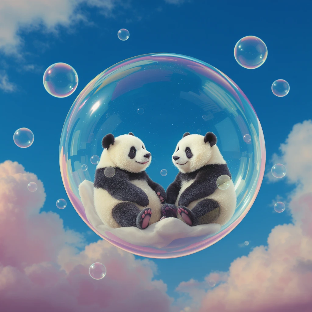 Minimalistic Cinematic still of pandas bears sitting inside flying bubbles, blue sky filling background , pink clouds emoji