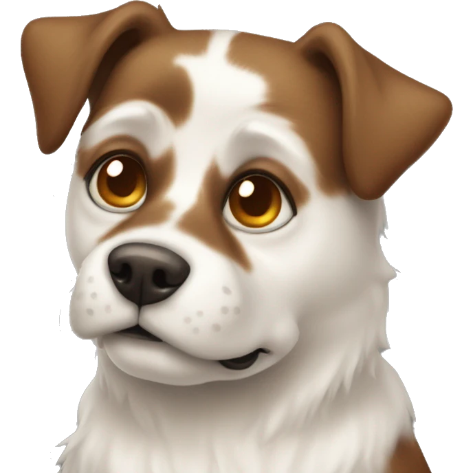 White and brown dog whit honey-colored eyes, with emoji