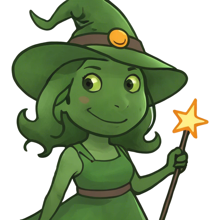 A witch girl in a hat with a magic wand is happy emoji