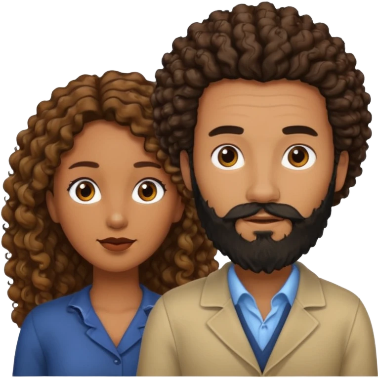 Beso mujer morena rizada cabello largo y hombre blanco con barba negra emoji