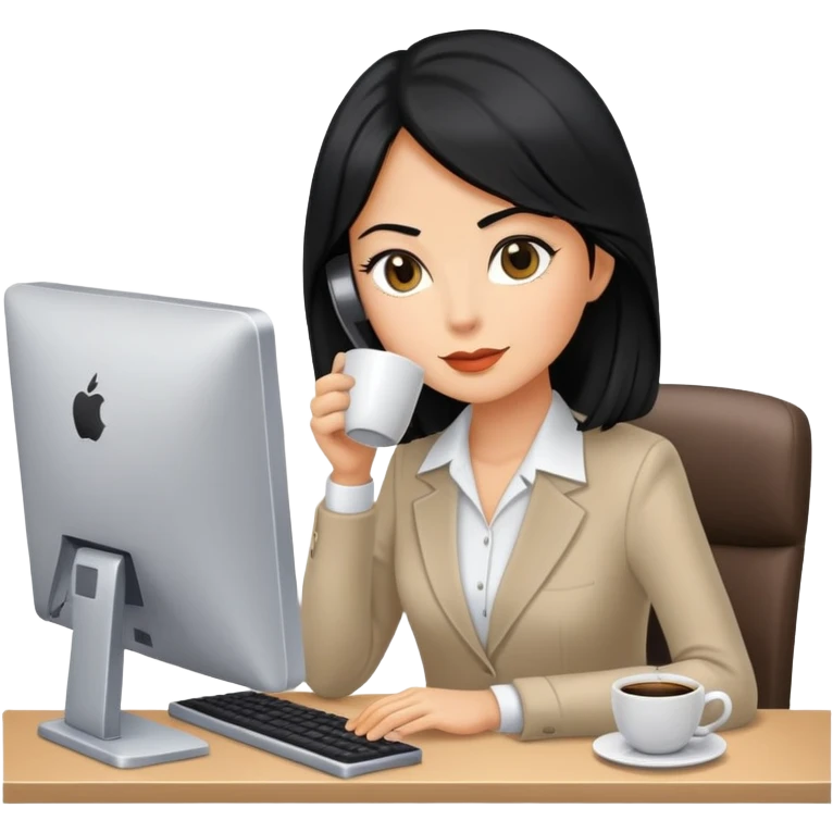 Secretary black hair computer and drinking coffee emoji