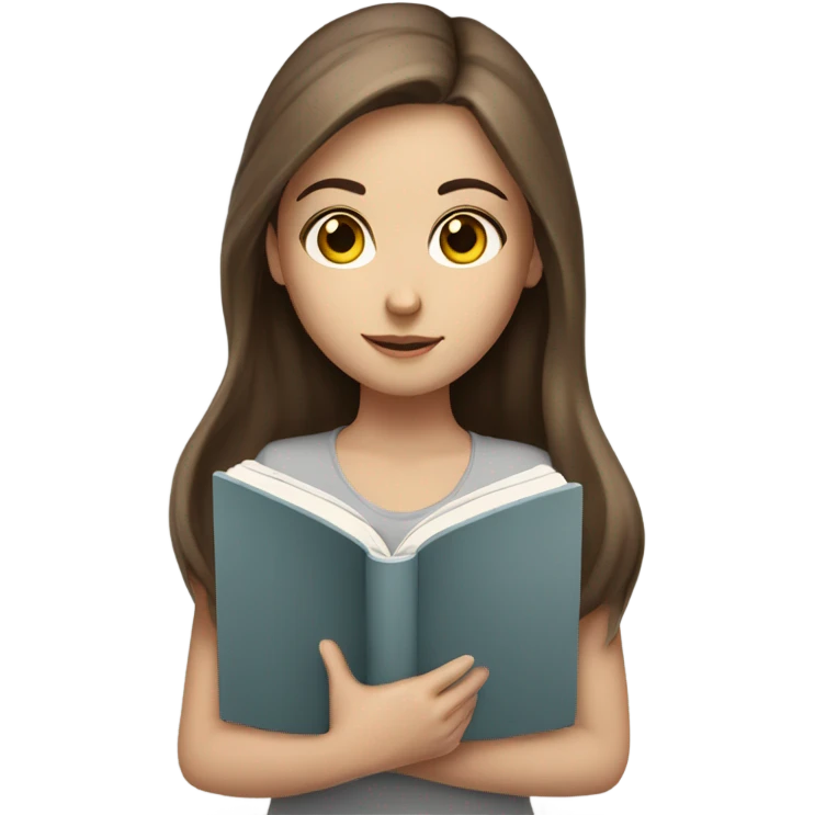 White girl with long brown hair and grey eyes reading a book emoji