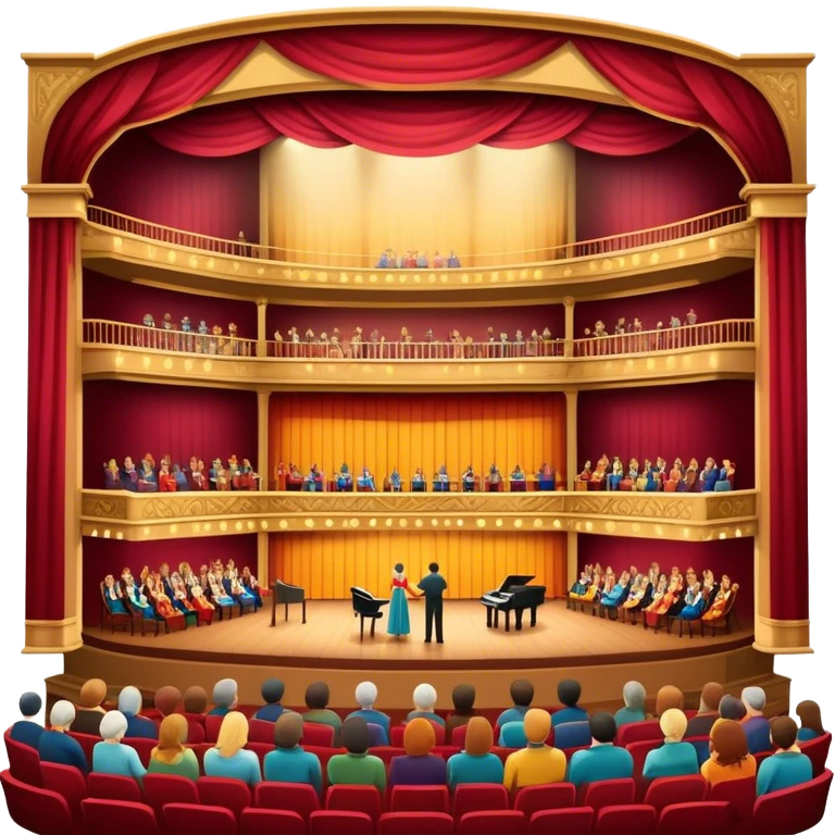 An icon depicting a theater stage with actors performing a play, illuminated by dramatic lighting. The audience watches from colorful balconies, while an orchestra plays in the pit, creating an immersive atmosphere. transparent background. emoji