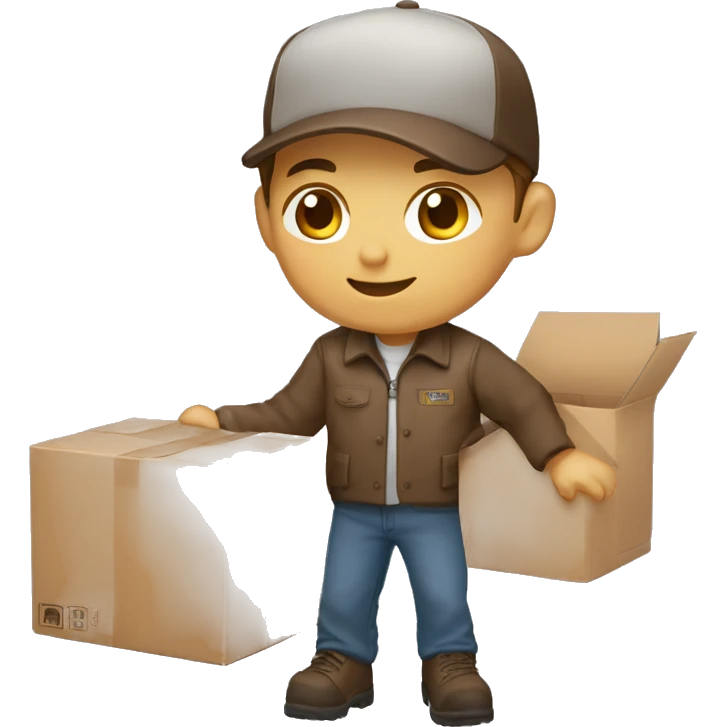 Delivery boy, full body, light skin tone, wearing brown cap and brown jacket, UPS delivery company uniform loading a package without background emoji
