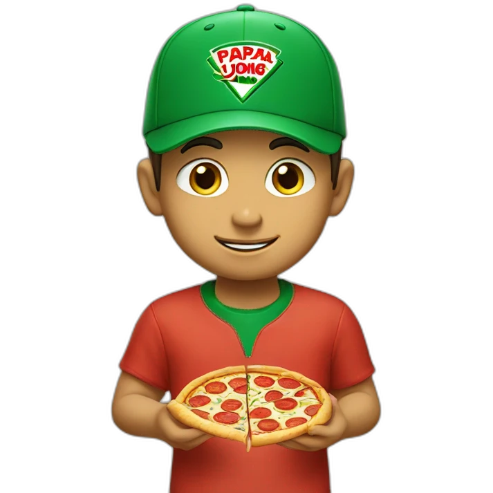 boy eating pizza slide with a green cap with PAPA JOHNS emoji