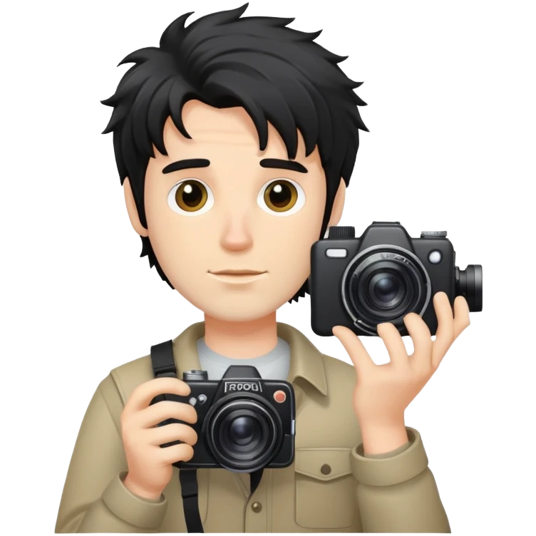 a white man with black messy hair holding a foto camera emoji