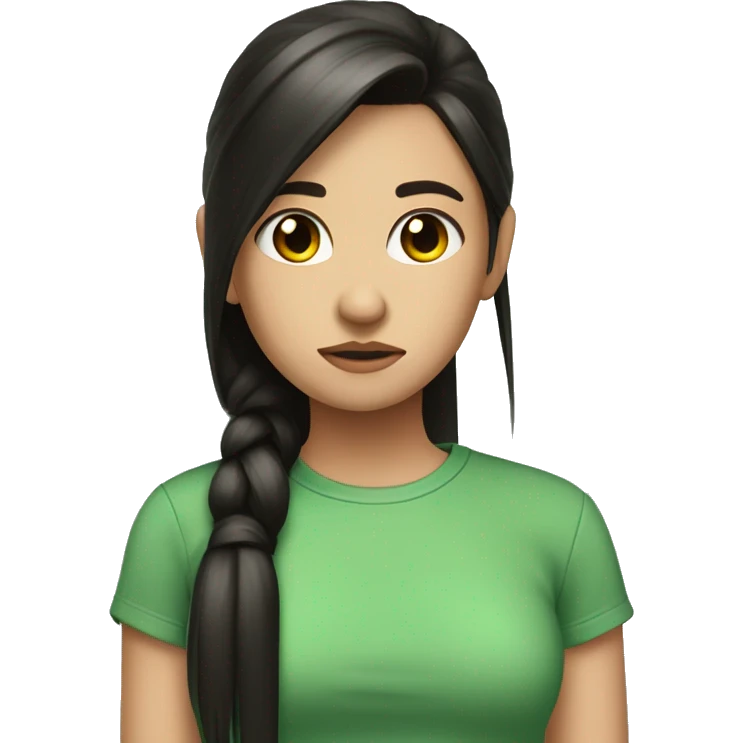 cute girl with black long straight hair brown tips ponytail green shirt sad emoji