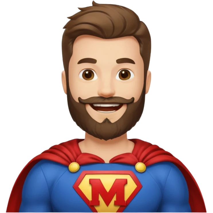 бородатый мужчина в костюме супер героя с буквой М  на груди веселится  emoji