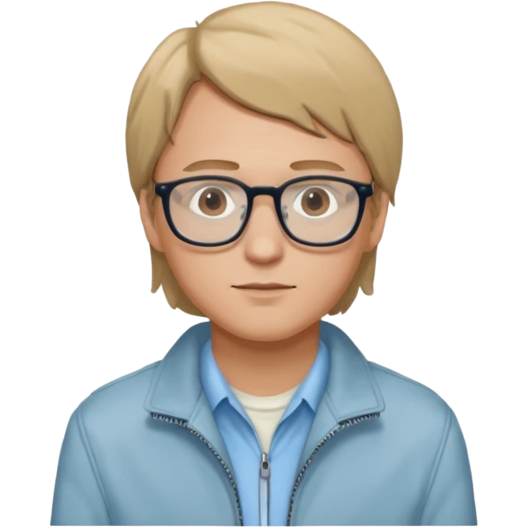 Brian Lackey from Mysterious Skin with brown eyes, dark blonde hair, light blue shirt, ivory jacket, glasses emoji