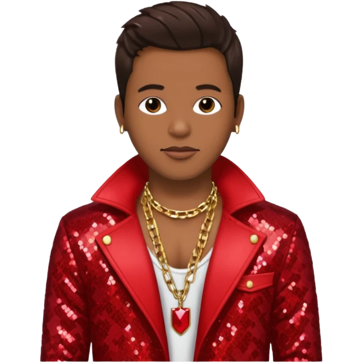 Bobby Brown with dark brown hair, red sequin jacket, shirtless with necklace emoji