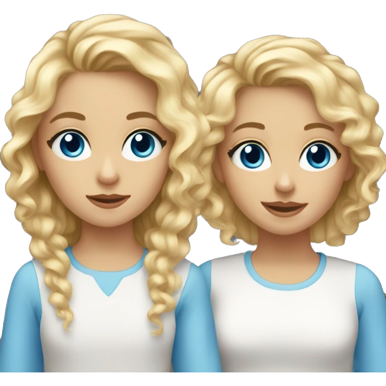 sisters, both blond curly hair, one short hair, one long hair, both blue eye emoji