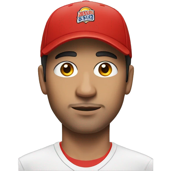 Man, male, young from about 30 to 40 years old, of Latin descent, black eye colour, with a sports t-shirt composed of red and white sticks vertically and a red cap emoji