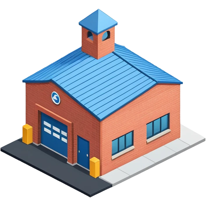 Single story warehouse building in isometric view with loading dock and roll-up door emoji