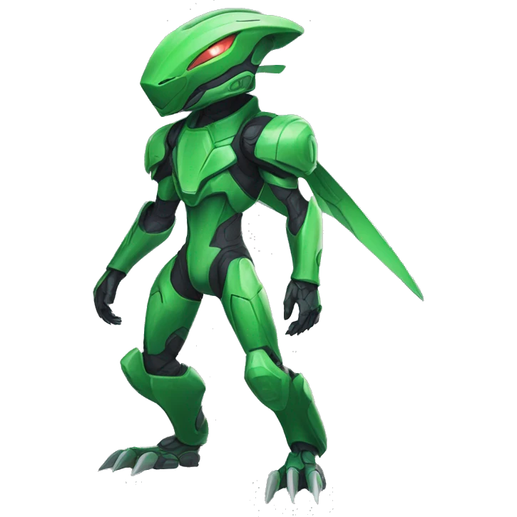 a green Genesect-Raptor-Fakémon—hybrid with a futuristic visor-helmet full body emoji