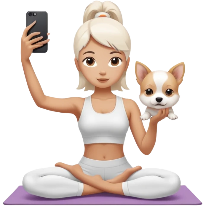 insta girlie doing yoga and white puppy near her. she is taking selfie  emoji