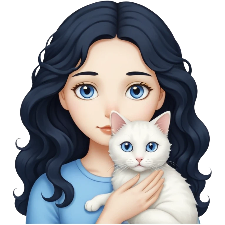 A girl with long black wavy hair and fair skin, holding a white cat. The cat’s left eye is blue and its right eye is yellow. emoji