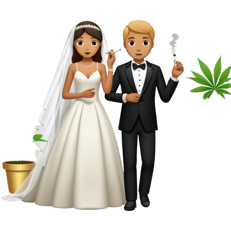 Full body view of a person in fancy clothes sneaking into a wedding ceremony smoking cannabis emoji