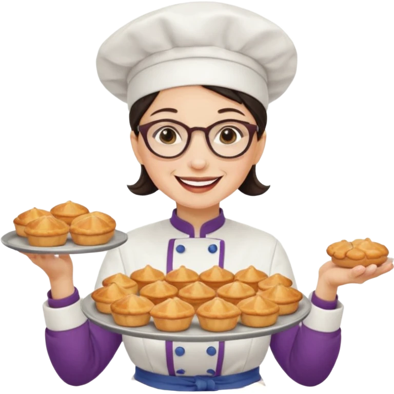 Older female pastry chef – round glasses, oven mitts on, holding a tray of pastries.

 emoji