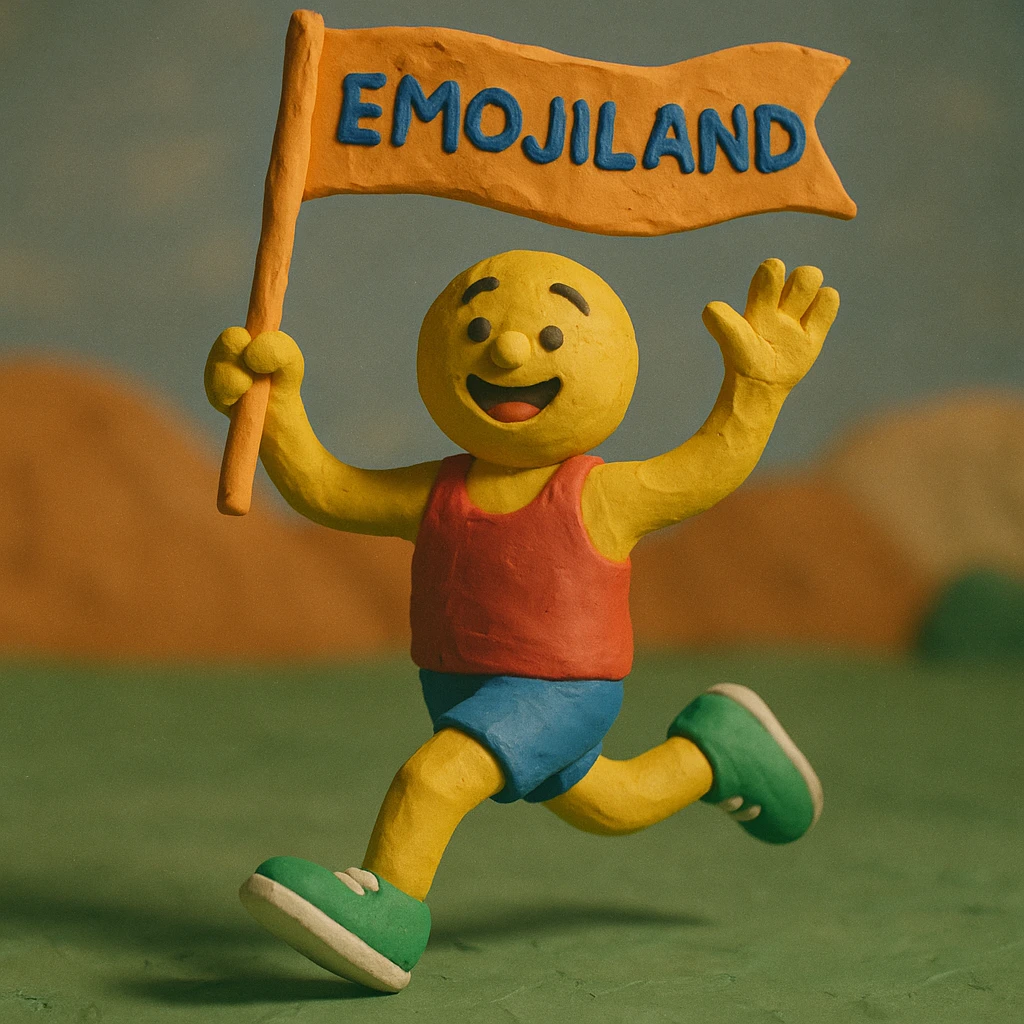 happy runner waving a flag that says 'emojiland' emoji