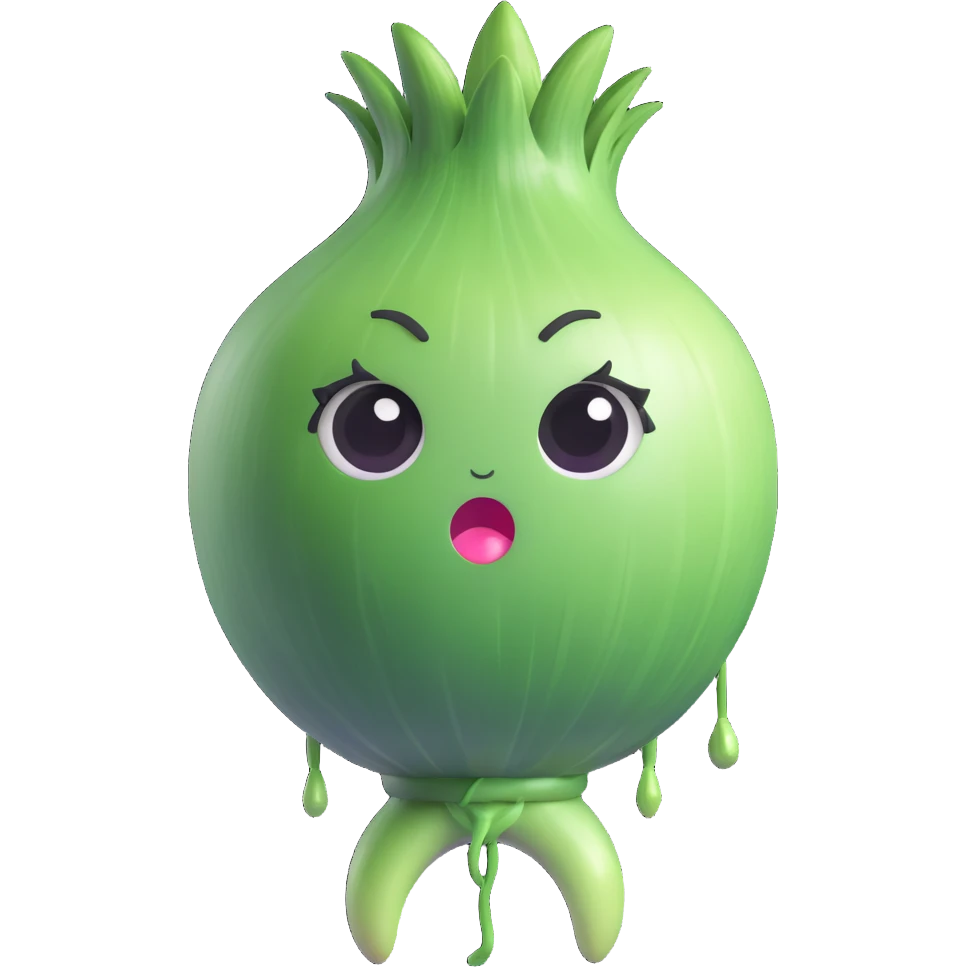 funny and cute 3D chibi green onion character, round white body, big expressive eyes, green leaves as hair, exaggerated crying face with dramatic onion juice tears, pastel kawaii style, smooth soft textures, high quality lighting emoji