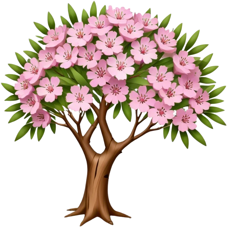Cinematic Realistic Melaleuca Emoji, Elegant and resilient, with peeling, papery bark and delicate, needle-like leaves. The tree stands tall and graceful, with clusters of white and pink flowers dotting the branches. Soft glowing outline, capturing the essence of natural elegance and resilience in a beautiful melaleuca tree! emoji