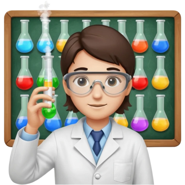 chemist in lab coat with chemical goggles holding a test tube, background with a board of chemical elements, apple emoji style, no text emoji