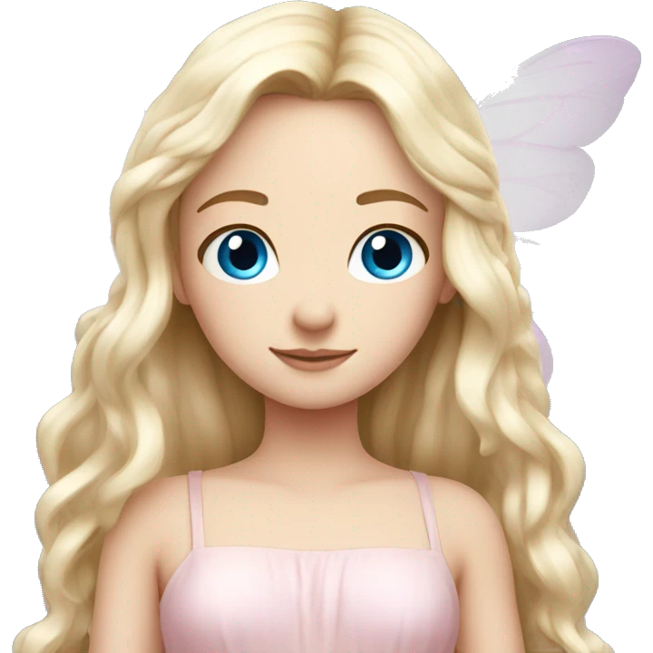 Beautiful, peony, fairy, light pink, long blond hair, big wings, fair skin, blue eyes  emoji