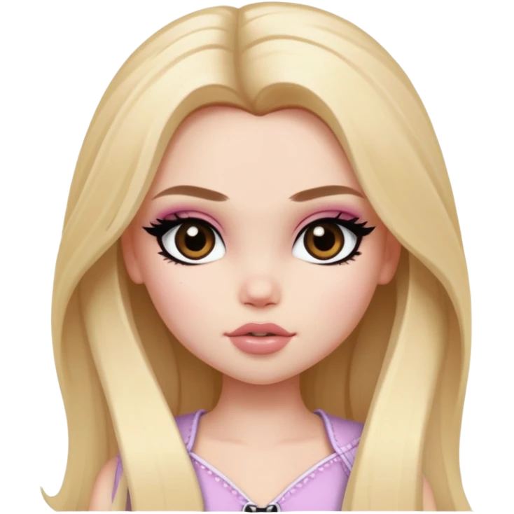  long blonde hair, pale skin, brown eyes, pretty bratz baddie, black eyeliner, blush emoji