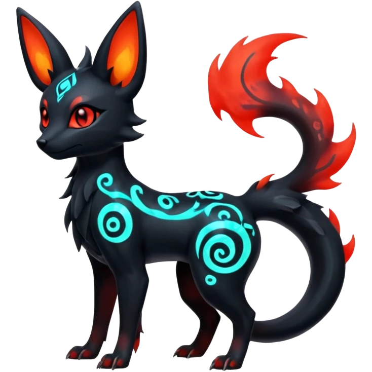 Shiny Fiery Dark Glowing Ethereal Eldritch Cool Edgy Badass Punky Aural Iridescent Fluorescent Bioluminescent Umbreon-Amaura-Salandit-Litten-Flareon-Fakémon-fusion (full body) with intricate pattern markings emoji