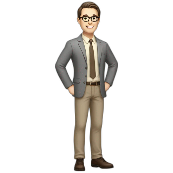 Full height Actively Gesturing Pale skinned fit man with dark brown hair in gray jacket, beige office shirt, brown tie, brown pants and vintage glasses. emoji