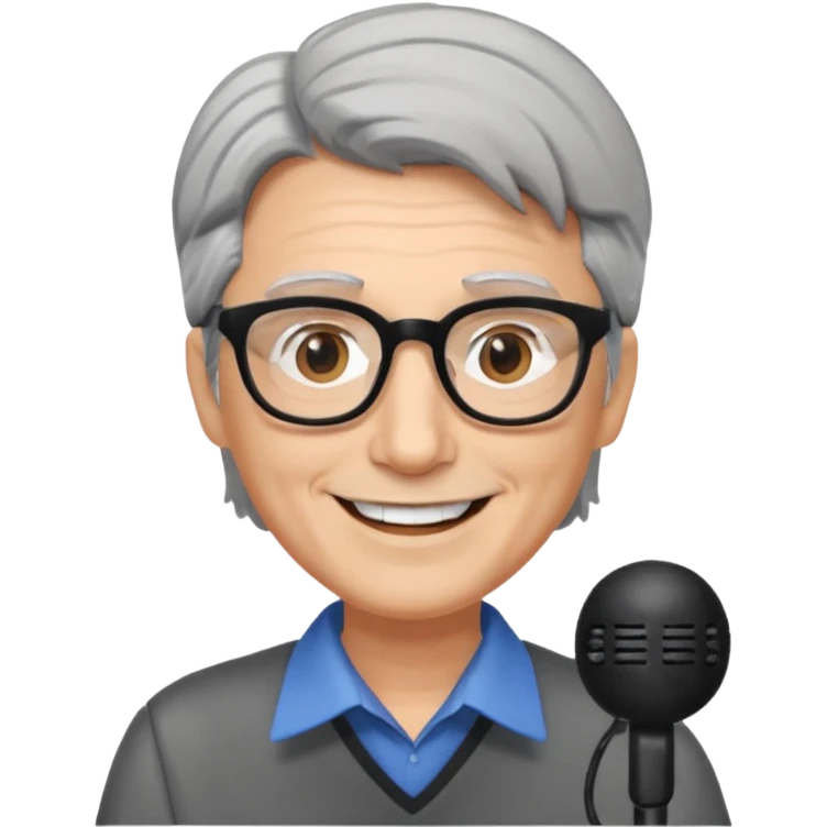 Un locutor de radio, pelo canoso, con gafas emoji