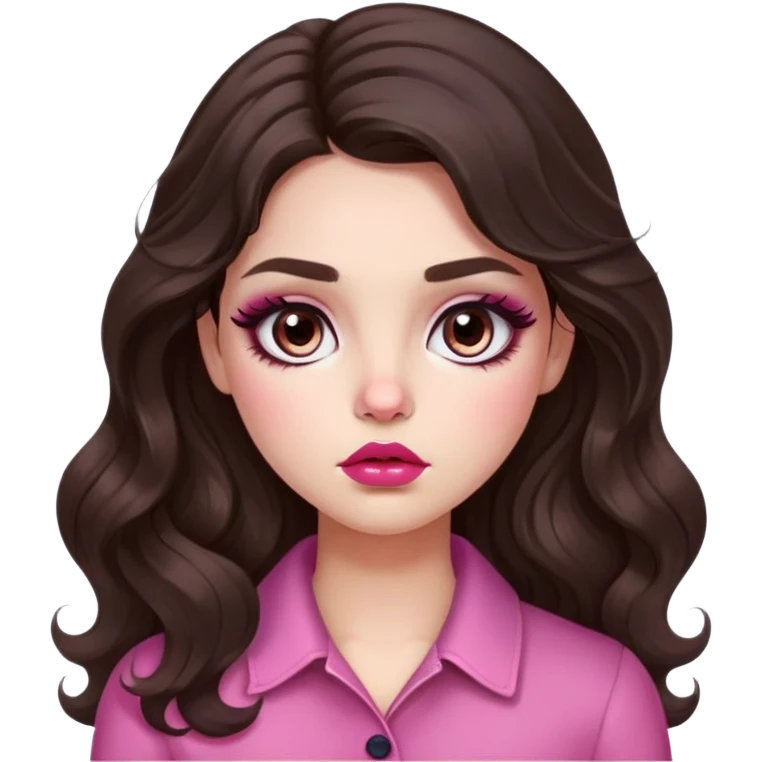 girl with light wheatish skin, dark brown long wavy hair, pouty shiny lips with berry lip gloss, large eyes with eyelashes, pink blush on cheeks, inner eye highlighted with white eyeliner, button nose emoji
