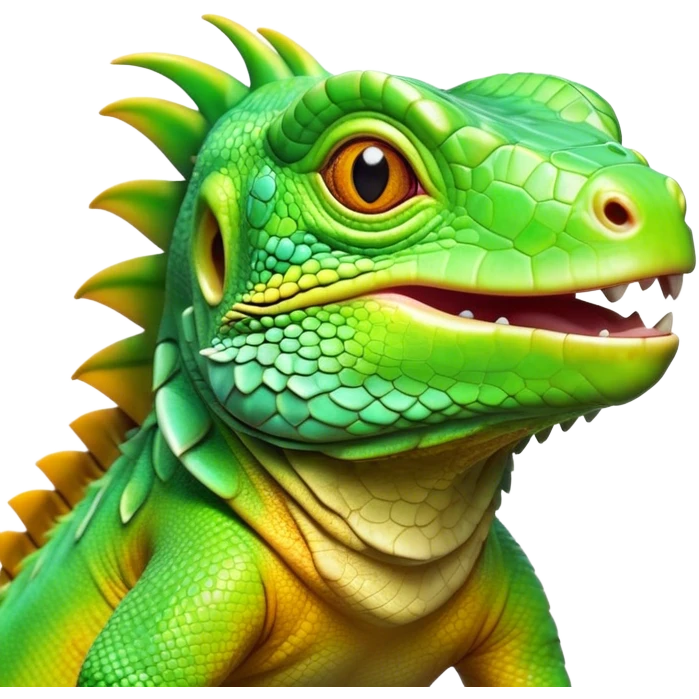 Cinematic Realistic Cute Iguana Portrait Emoji, Head tilted playfully and inquisitively, featuring a compact, agile build with a glossy, intricately scaled body in vivid green hues and a characteristically expressive face with bright, curious amber eyes, rendered in lifelike detail with natural highlights, high shine, affectionate and lively, styled with a touch of tropical whimsy, soft glowing outline, capturing the essence of a mischievous yet lovable iguana that seems poised to scurry out of the screen into your arms! emoji