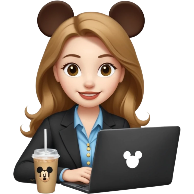 Women in front of one laptop that has a Mickey sticker on it, with a happy face, face a little fuller, lips plump, full eyebrows, long light brown hair, light brown big eyes, light pale skin with a iced coffee on the side, business attire, typing emoji